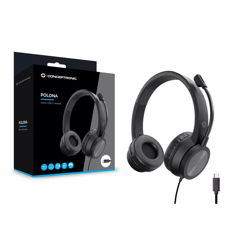 Cuffie CONCEPTRONIC POLONA05BC — stereo USB-C, microfono con cancellazione del rumore, sovraurali, cavo 2 m, 20–22000 Hz, nero