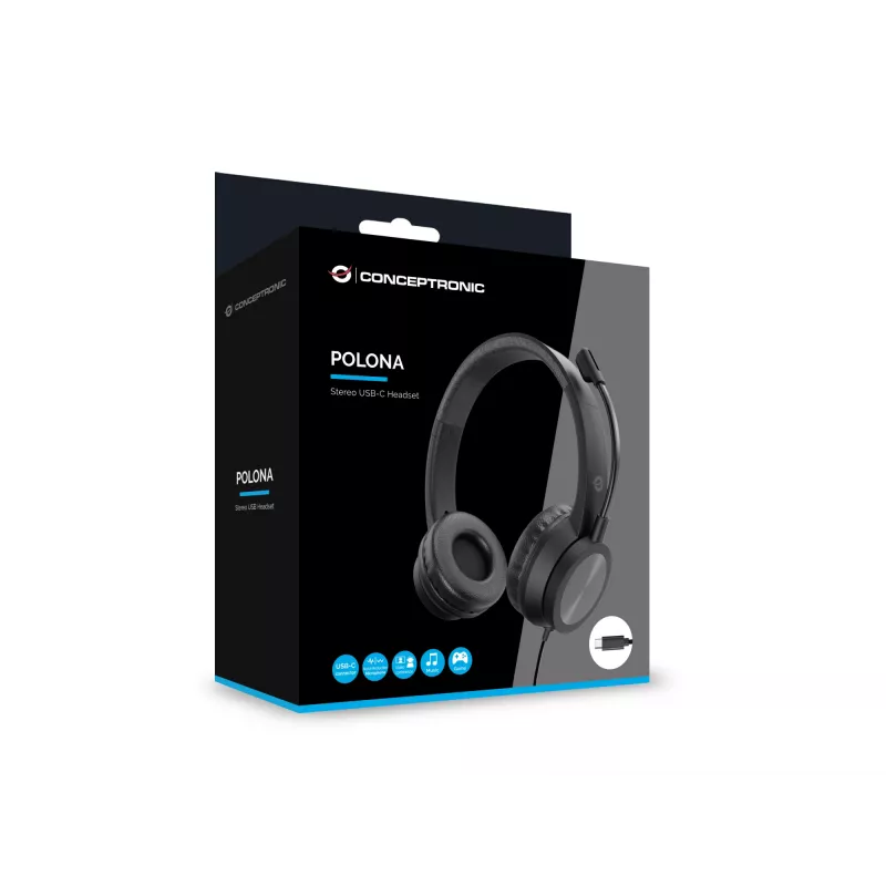 Cuffie CONCEPTRONIC POLONA05BC — stereo USB-C, microfono con cancellazione del rumore, sovraurali, cavo 2 m, 20–22000 Hz, nero