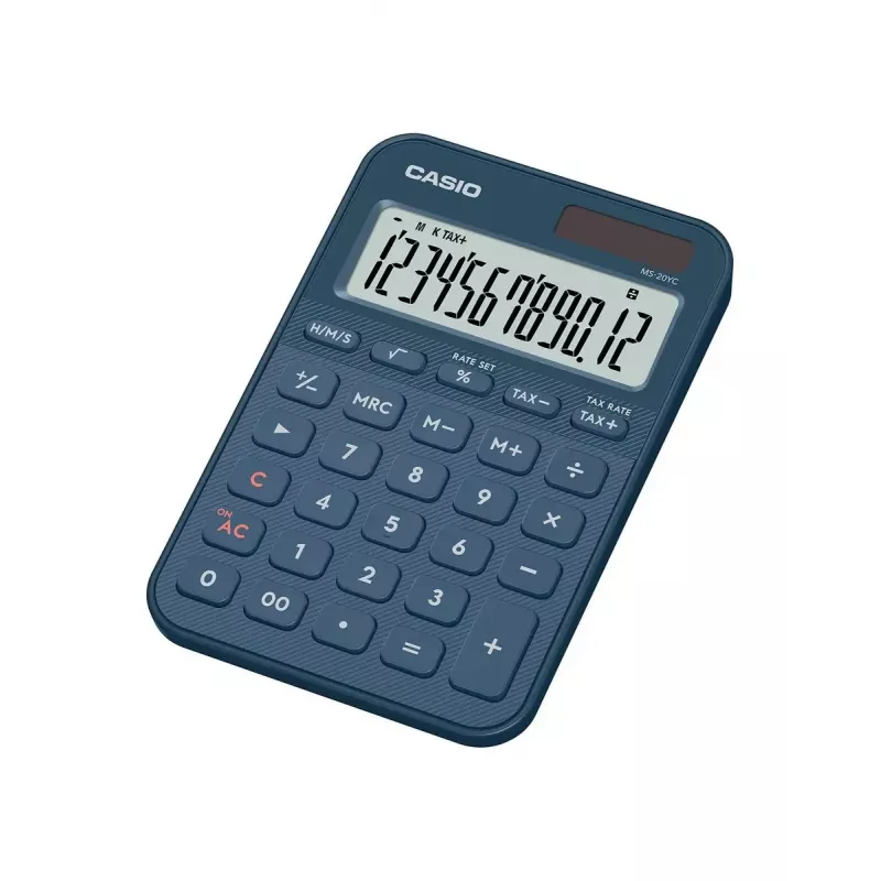 Calcolatrice da tavolo base CASIO MS-20YC — 12 cifre, funzioni tasse e margine, batteria/solare, blu navy