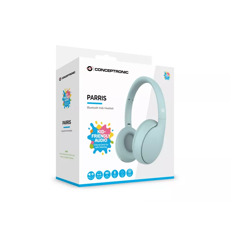 Headset CONCEPTRONIC PARRIS04B — cuffie per bambini Bluetooth e cablate, circumaurali, 20–20.000 Hz, 170 g, azzurro