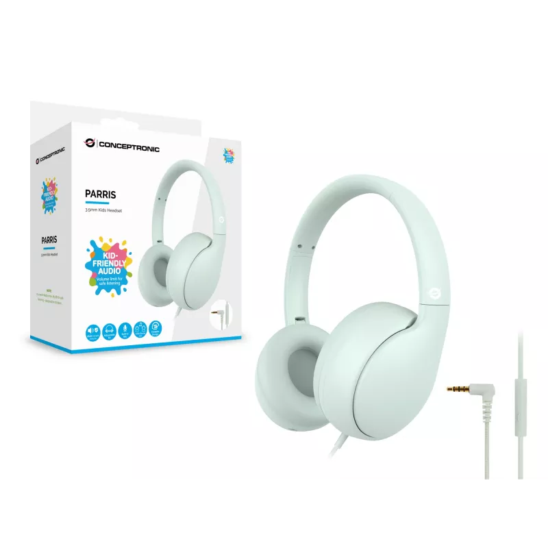 Cuffie per bambini cablate CONCEPTRONIC PARRIS04GT — 3,5 mm, circumaurali, 20–20000 Hz, cavo 1,6 m, verde chiaro