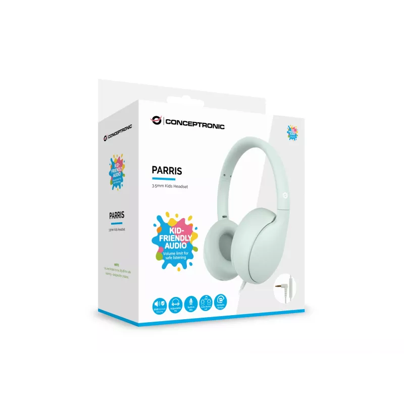 Cuffie per bambini cablate CONCEPTRONIC PARRIS04GT — 3,5 mm, circumaurali, 20–20000 Hz, cavo 1,6 m, verde chiaro