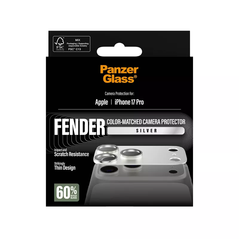 Protezione fotocamera PanzerGlass Fender per iPhone 17 Pro – argento, silicone, antigraffio e antiurto