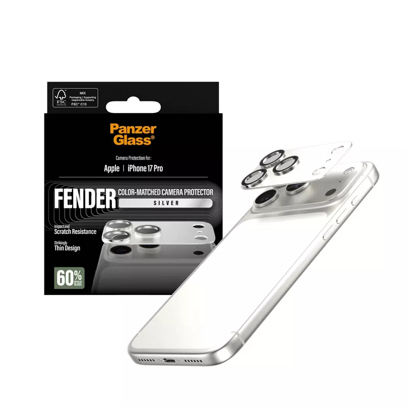 Protezione fotocamera PanzerGlass Fender per iPhone 17 Pro – argento, silicone, antigraffio e antiurto