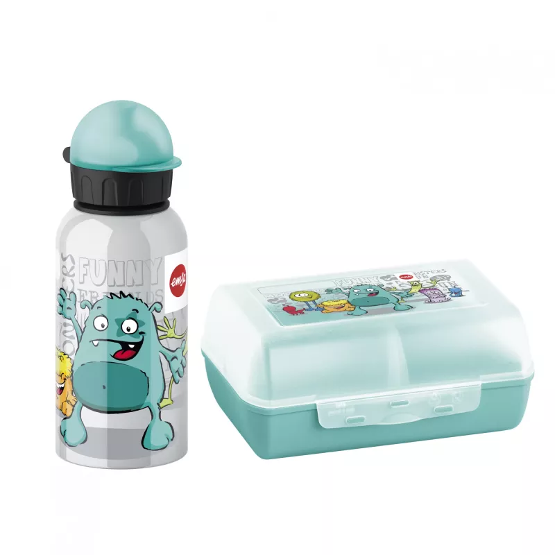 EMSA 518138 Kids Set Monster, borraccia da 0,4 l con porta pranzo, turchese