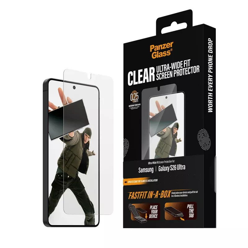 Protezione per schermo PanzerGlass per Samsung New Galaxy S2026 Ultra — pellicola PET ultra-wide, FASTFIT, trasparente