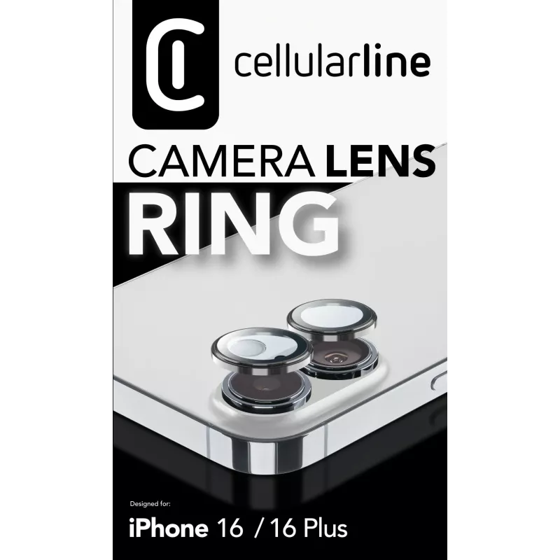 Cellularline anello lente fotocamera - iPhone 16/16 Plus vetro temperato per protezione fotocamera