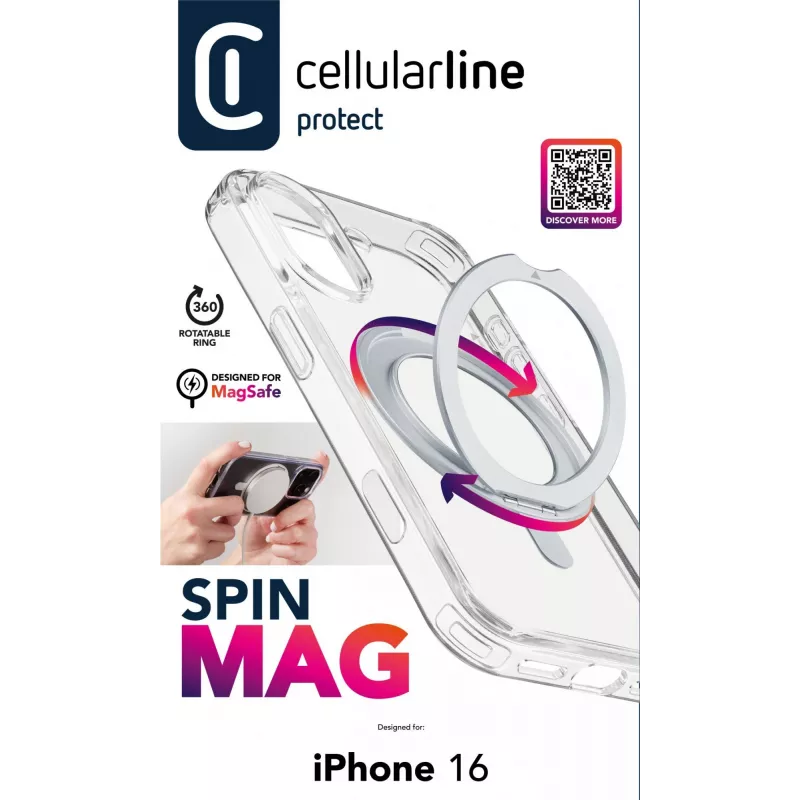 Cellularline Spin Mag - iPhone 16 custodia con anello supporto rotante, compatibile con ecosistema Magsafe