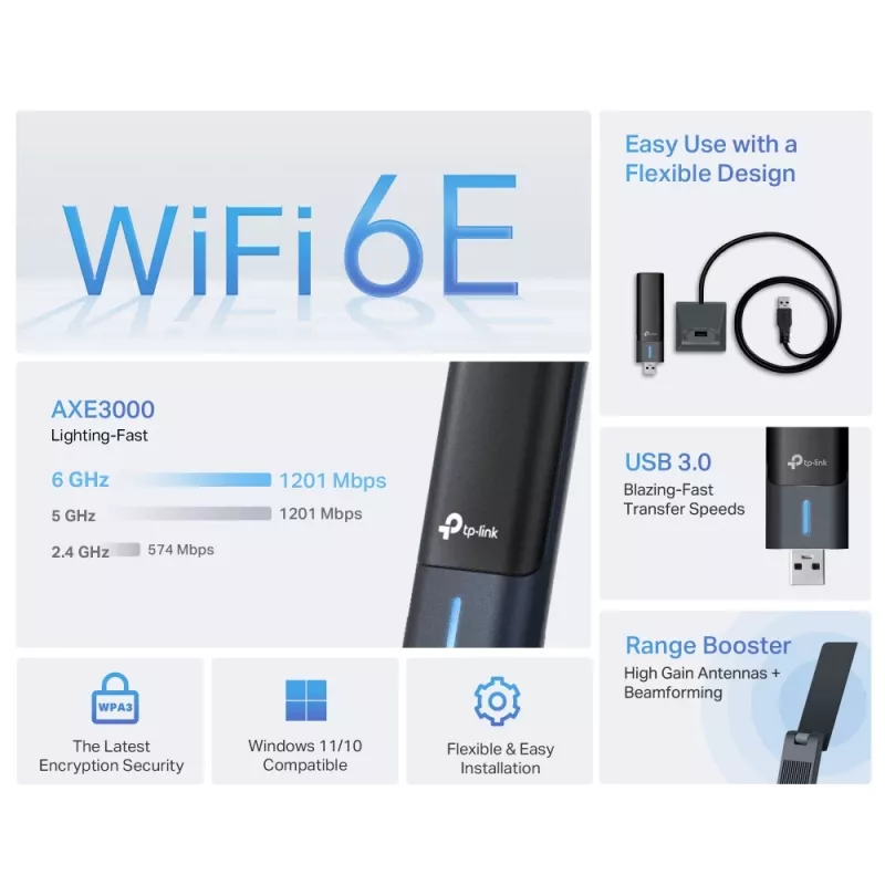 TP-Link Archer AXE3000 adattatore USB wireless Wi-Fi 6E high gain