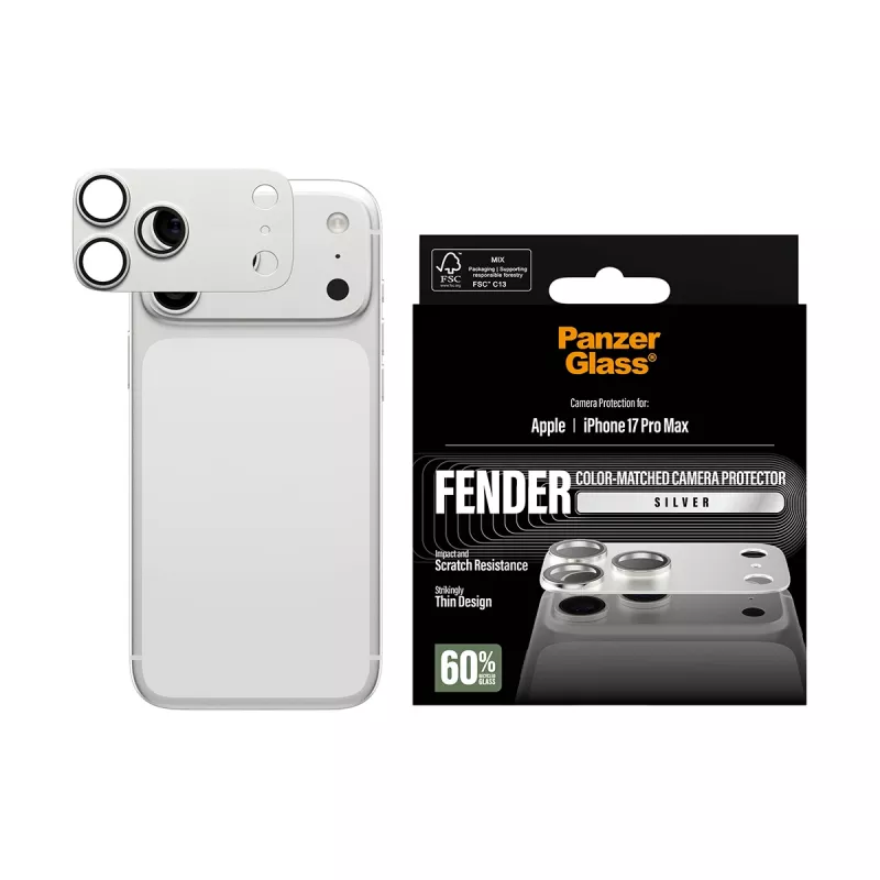 Protezione fotocamera PanzerGlass Fender per iPhone 17 Pro Max — silicone, argento, antigraffio e antiurto
