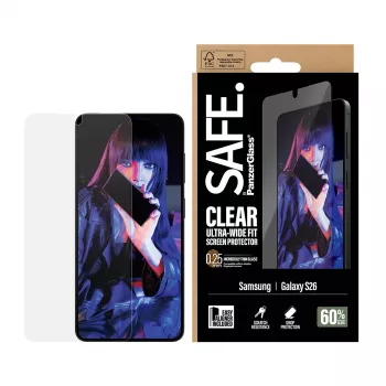 Protezione schermo PanzerGlass SAFE by per Samsung New Galaxy S 2026 — Ultra-Wide Fit, PET + silicone, trasparente