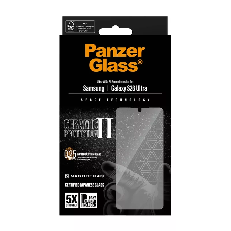 Protezione schermo PanzerGlass Ceramic per Samsung Galaxy S26 Ultra — vetro temperato, Ultra-Wide Fit, EasyAligner, trasparente