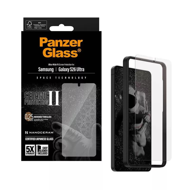 Protezione schermo PanzerGlass Ceramic per Samsung Galaxy S26 Ultra — vetro temperato, Ultra-Wide Fit, EasyAligner, trasparente