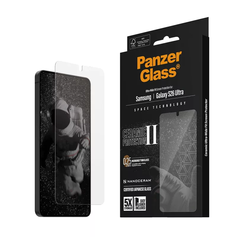 Protezione schermo PanzerGlass Ceramic per Samsung Galaxy S26 Ultra — vetro temperato, Ultra-Wide Fit, EasyAligner, trasparente
