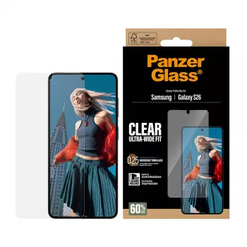 Pellicola protezione display PanzerGlass trasparente per Samsung Galaxy S26 – Ultra-Wide Fit, PET + silicone, applicazione a secco