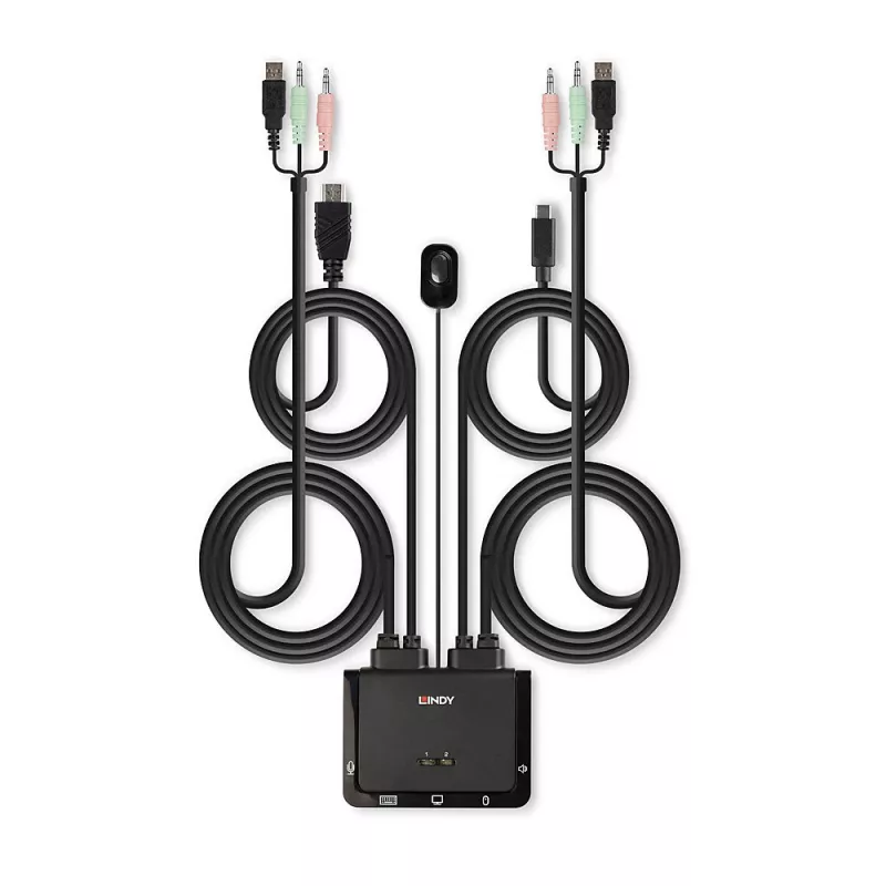 Switch KVM con cavi Lindy 2 porte HDMI 18G, USB Type-C, USB 2.0 e audio