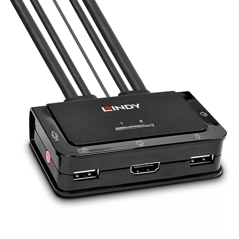 Lindy Switch KVM a 2 porte, HDMI 4K60, USB 2.0 e audio, cavo, nero