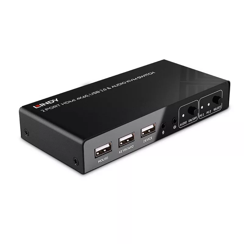 Switch KVM Lindy 2 porte HDMI 4K60, USB 2.0 e audio, 4096 x 2160 pixel, 4K Ultra HD, nero