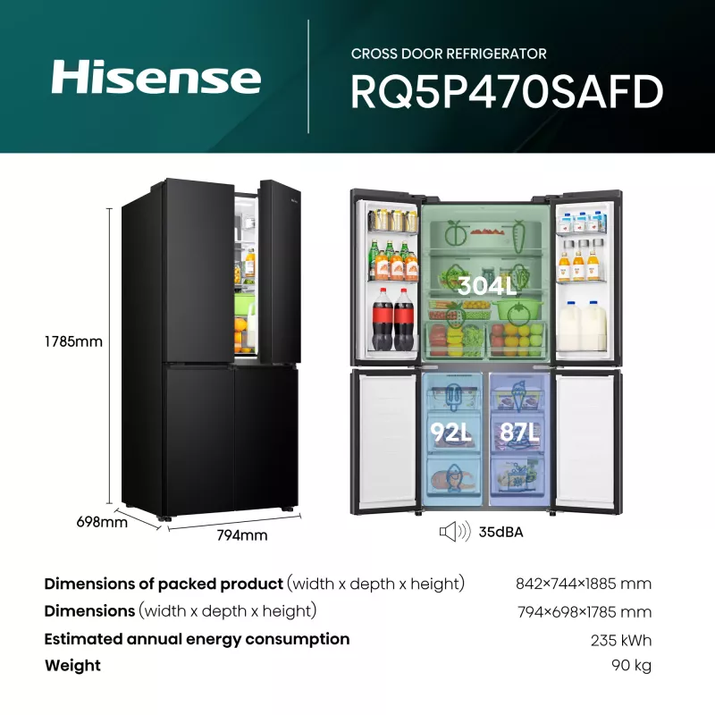Hisense RQ5P470SAFD libera installazione 483 L nero, acciaio inox