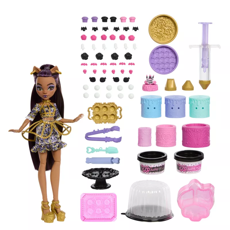 Monster High Scary Sweet Birthday Cake Kit con bambola Clawdeen Wolf e oltre 20 accessori decorativi