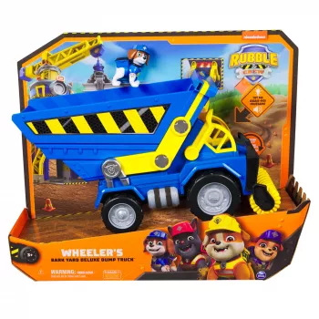 Rubble & Crew, Bark Yard Deluxe camion ribaltabile da costruzione con luci, suoni e action figure Wheeler, giocattolo per bambini e bambine da 3 anni