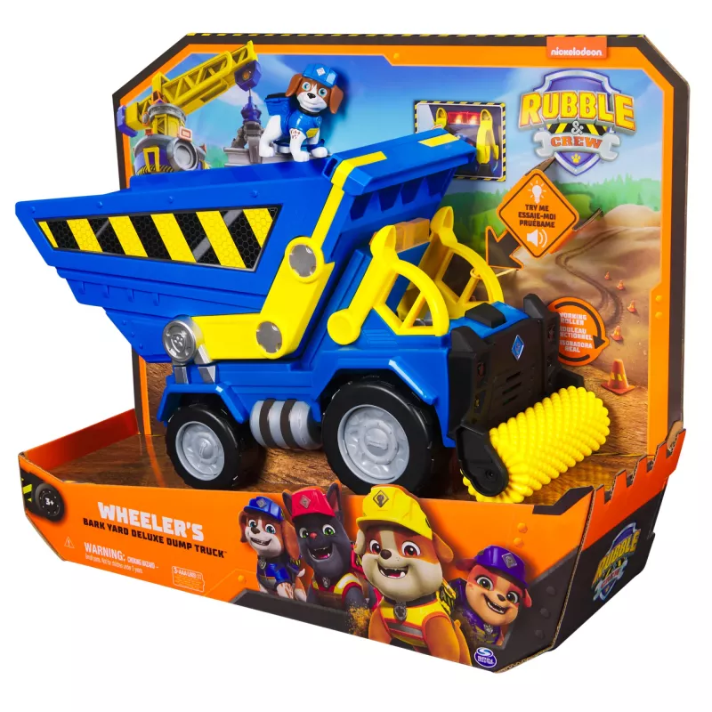 Rubble & Crew, Bark Yard Deluxe camion ribaltabile da costruzione con luci, suoni e action figure Wheeler, giocattolo per bambini e bambine da 3 anni