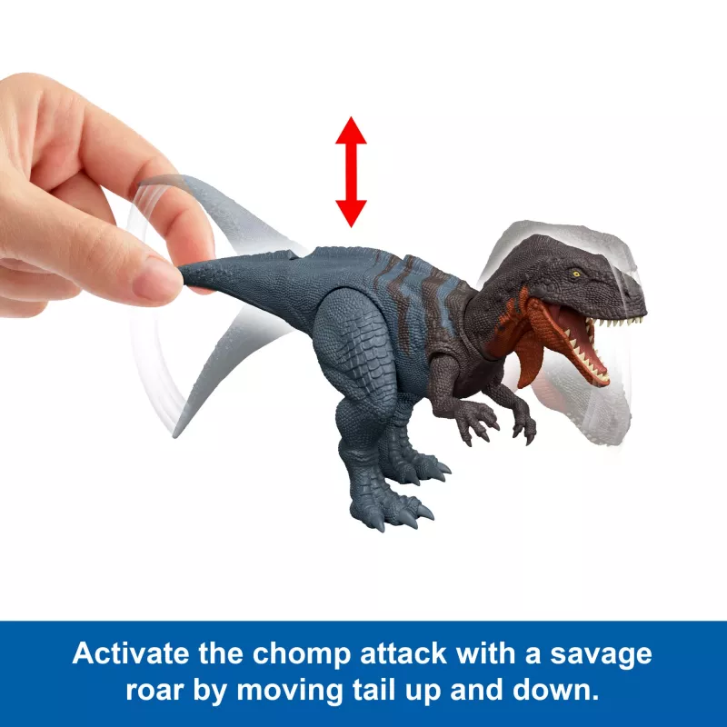 Giocattolo dinosauro Jurassic World Rebirth Wild Roar Abelisaurus, attacco con morso controllato dalla coda e suono