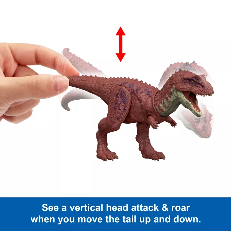 Giocattolo dinosauro Jurassic World Rebirth Wild Roar Aucasaurus, morso d'attacco controllato dalla coda e suono