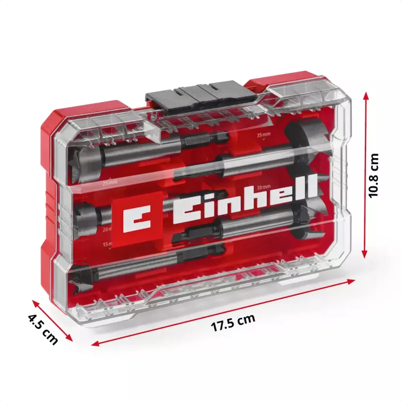 Set di punte Forstner Einhell-KWB 5 pz., rosso/trasparente, gambo 1/4 pollice, M-CASE (MPN 706003)