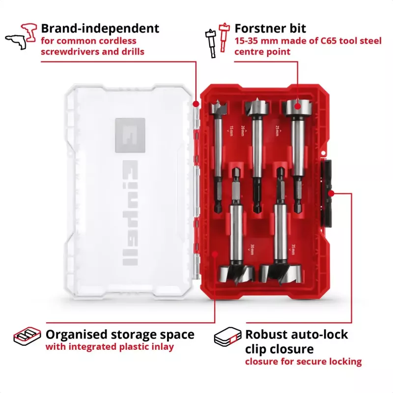 Set di punte Forstner Einhell-KWB 5 pz., rosso/trasparente, gambo 1/4 pollice, M-CASE (MPN 706003)