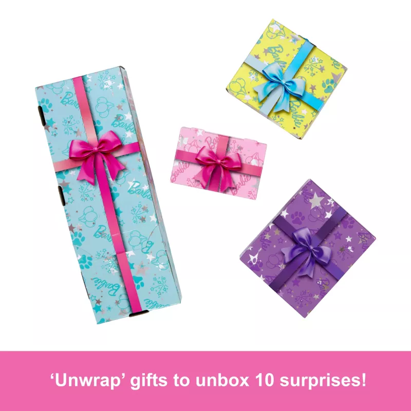 Barbie Party Unboxed Pet Birthday Series bambola e accessori, set fiocchi di compleanno con 10 sorprese