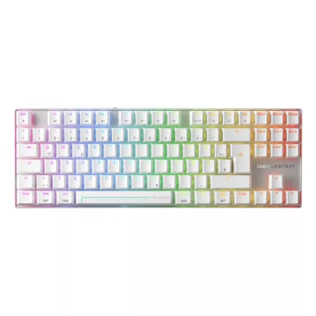Tastiera da gaming senza fili CHERRY MX 8.2 Pro TMR — tenkeyless, QWERTZ tedesco, USB + RF + Bluetooth, RGB, argento/bianco