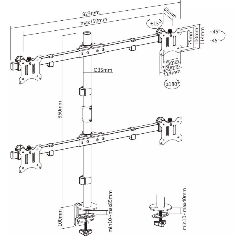 InLine supporto da tavolo per 4x TV / LED / monitor TFT fino a 81cm 32 inch max. 9kg