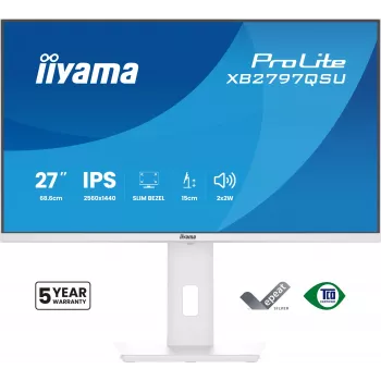 Monitor LED 27 inch IIYAMA ProLite XB2797QSU-W1 IPS Quad HD (2560x1440), angolo di visuale 178°, hub USB 3.2, altoparlanti, VESA, regolabile in altezza, bianco