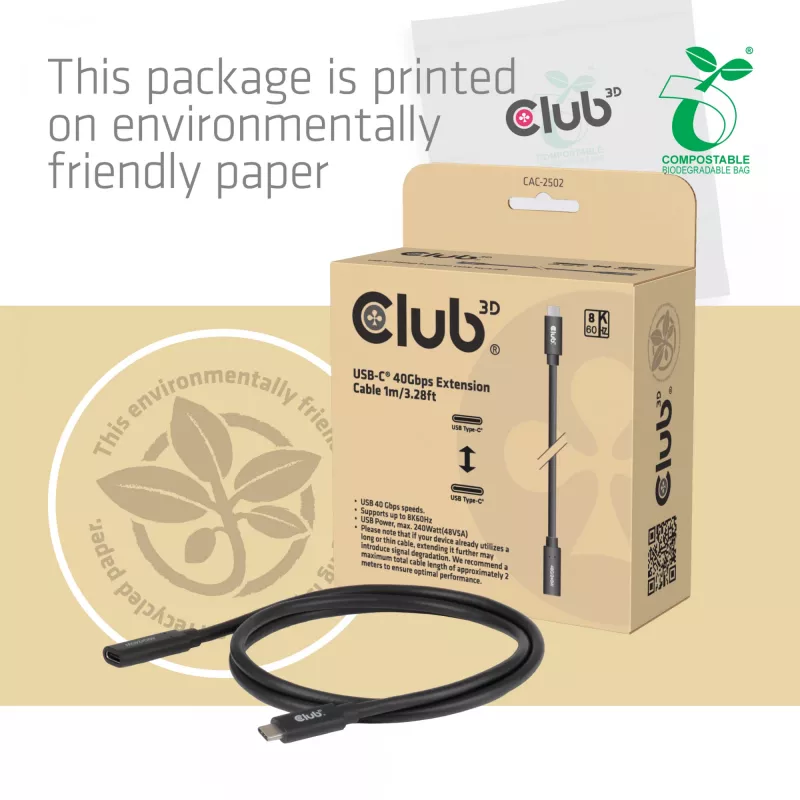 Cavo di prolunga USB-C 40Gbps 1 m — club 3d, USB C a USB C, nero