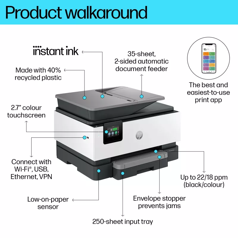HP OfficeJet Pro 9122e Stampante wireless all-in-one a colori, Instant Ink; stampa fronte-retro