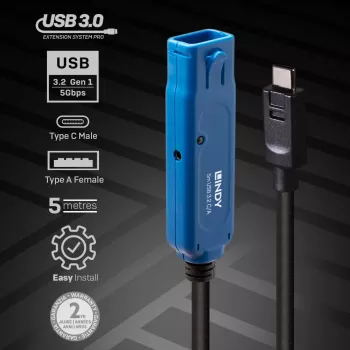 Lindy 5m USB 3.2 Gen 1 C/A Active Extension Pro, 5 m, USB C, USB A, USB 3.2 Gen 1 (3.1 Gen 1), nero