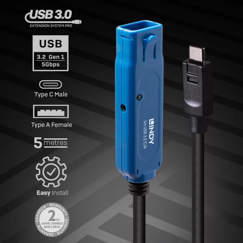 Lindy 5m USB 3.2 Gen 1 C/A Active Extension Pro, 5 m, USB C, USB A, USB 3.2 Gen 1 (3.1 Gen 1), nero