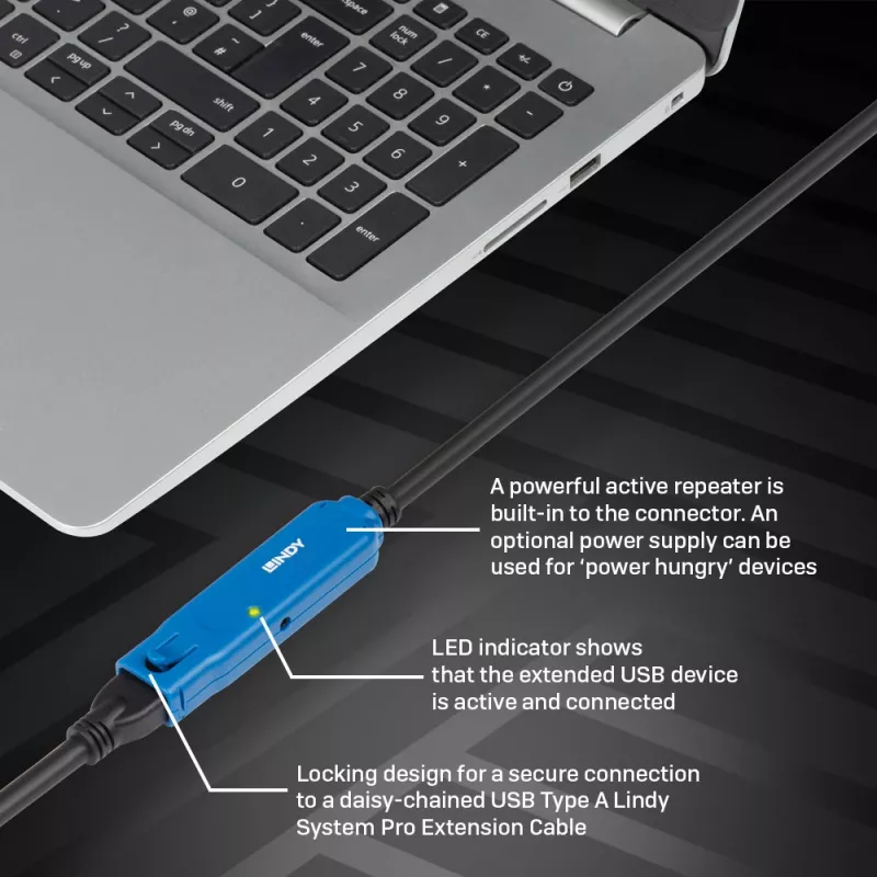 Lindy 5m USB 3.2 Gen 1 C/A Active Extension Pro, 5 m, USB C, USB A, USB 3.2 Gen 1 (3.1 Gen 1), nero