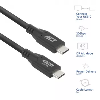 ACT Cavo USB4 20Gbps 240W USB Type-C, 2 metri, 2 m, USB C, USB C, USB4 Gen 2x2, 20 Gbit/s, nero