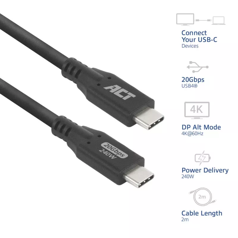 ACT Cavo USB4 20Gbps 240W USB Type-C, 2 metri, 2 m, USB C, USB C, USB4 Gen 2x2, 20 Gbit/s, nero