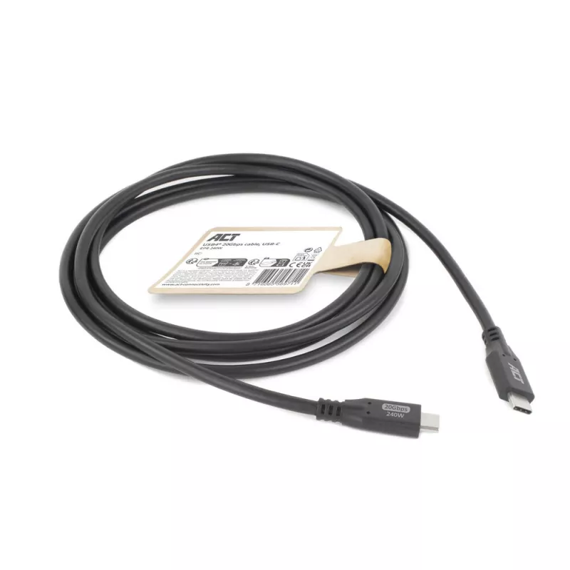 ACT Cavo USB4 20Gbps 240W USB Type-C, 2 metri, 2 m, USB C, USB C, USB4 Gen 2x2, 20 Gbit/s, nero