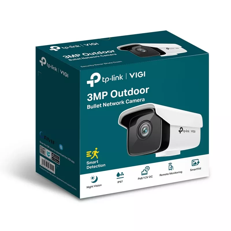 Telecamera di sicurezza IP TP-Link VIGI 3MP telecamera di rete bullet per esterni, 3 MP, 30 fps, visione notturna 30 m, cablata, bianca