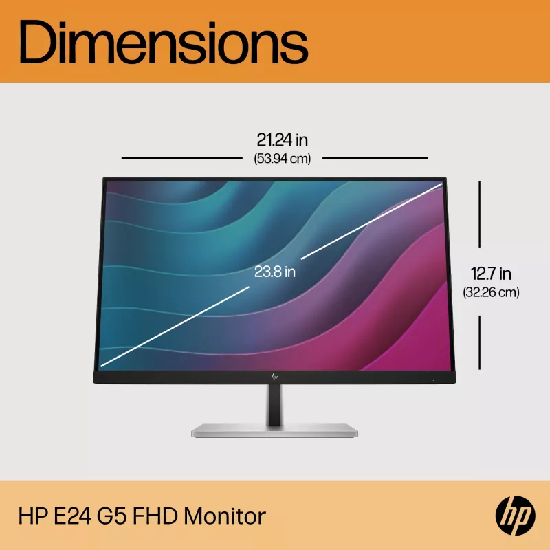 Monitor HP E24 G5 FHD senza PVC, 60,5 cm (23,8 pollici), 1920 x 1080 pixel, Full HD, LCD, 5 ms, nero, argento