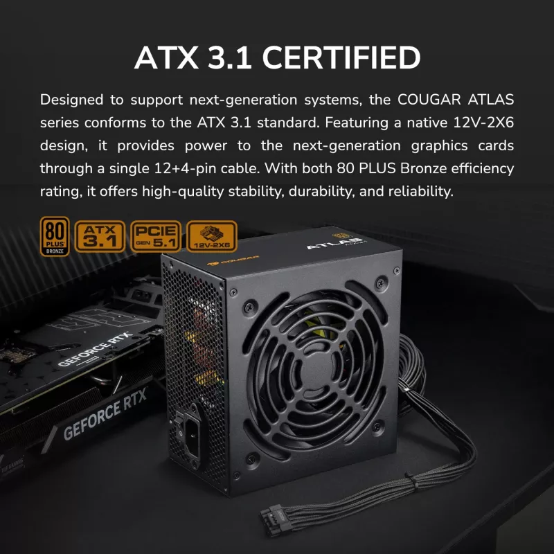 Alimentatore Cougar ATLAS 650W ATX3.1 80 PLUS Bronze, 24-Pin-ATX, ventola da 120 mm, nero
