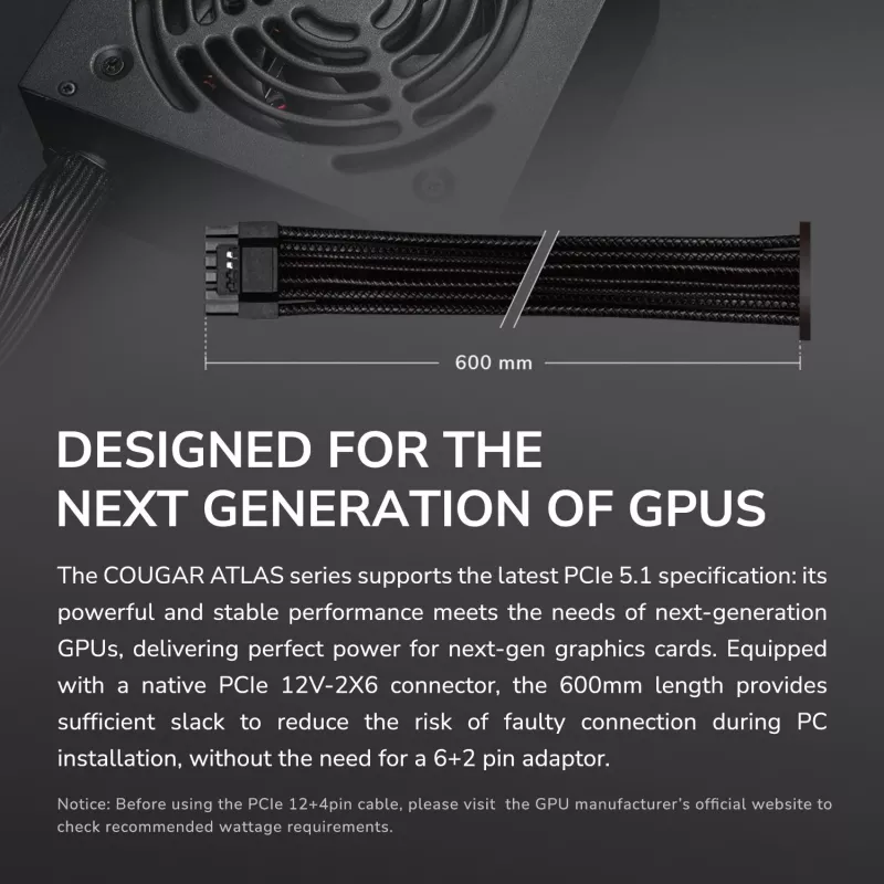 Alimentatore Cougar ATLAS 650W ATX3.1 80 PLUS Bronze, 24-Pin-ATX, ventola da 120 mm, nero
