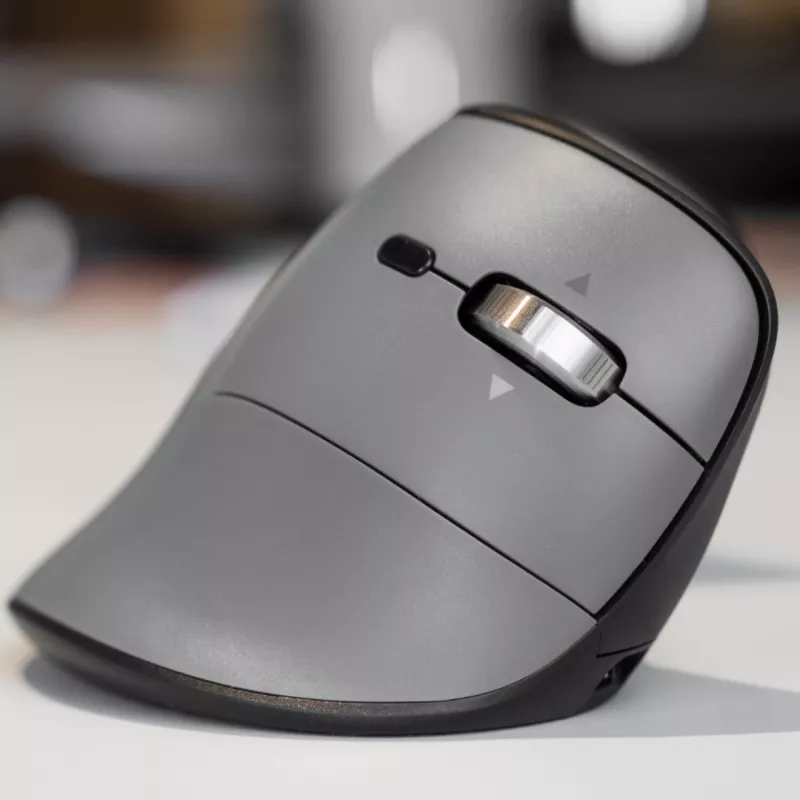 Mouse BakkerElkhuizen FastForward Pro, per destrimani, design verticale, ottico, RF wireless + Bluetooth + USB Type-C, 5000 DPI, nero, grigio