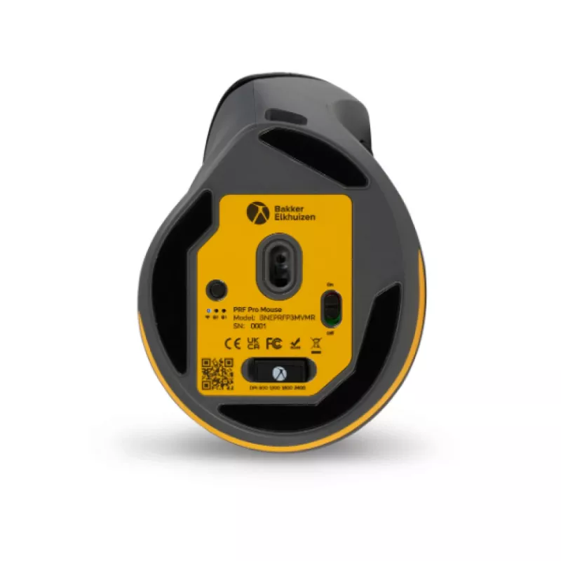 BakkerElkhuizen PRF Pro Mouse destro, per destrimani, design verticale, ottico, RF Wireless + Bluetooth + USB Type-C, 2400 DPI, nero, grigio