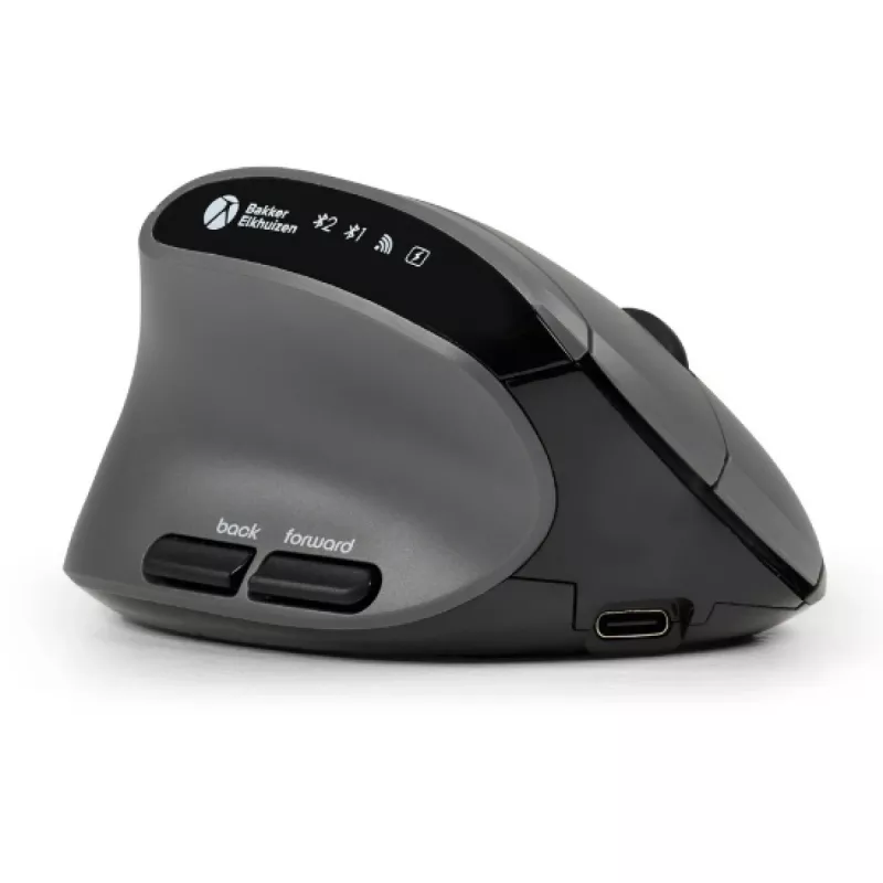 BakkerElkhuizen MidWay Mouse sinistro, per mancini, design verticale, ottico, RF Wireless + Bluetooth + USB Type-C, 2400 DPI, grigio, nero