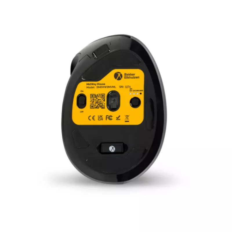 BakkerElkhuizen MidWay Mouse sinistro, per mancini, design verticale, ottico, RF Wireless + Bluetooth + USB Type-C, 2400 DPI, grigio, nero